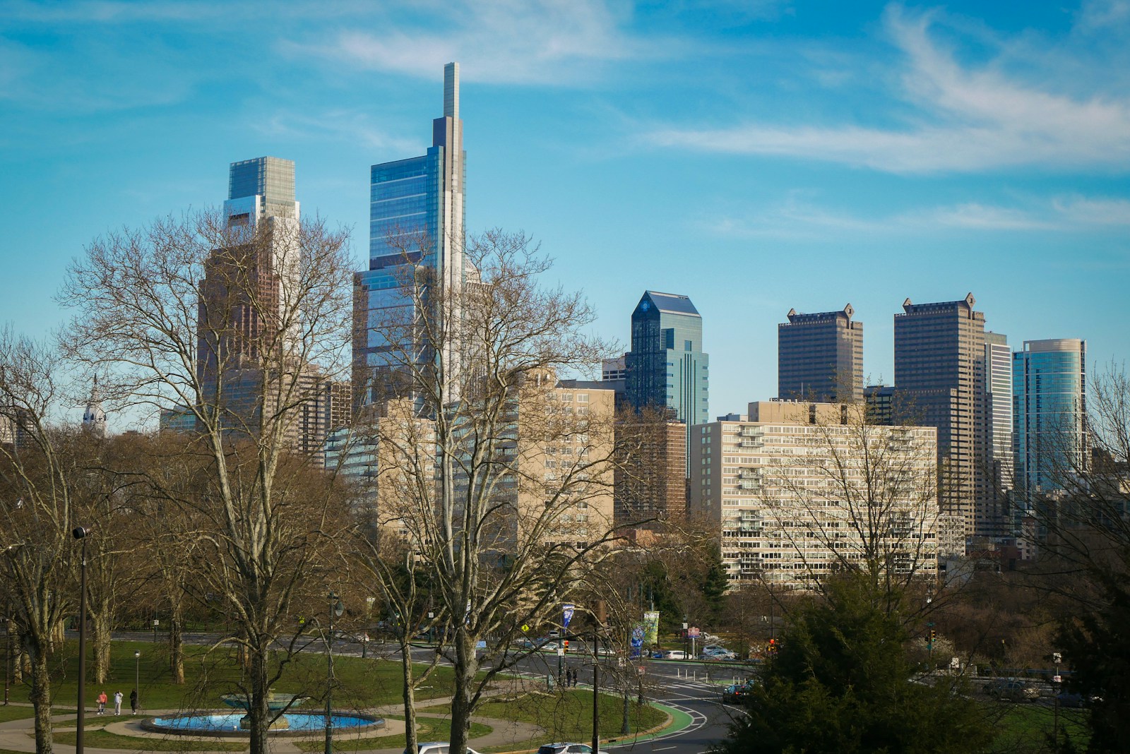 a view of a city from a park