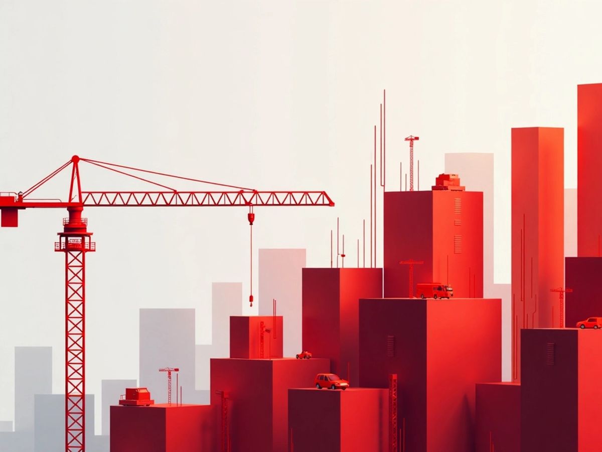 Minimalistic red vector art of construction software elements.