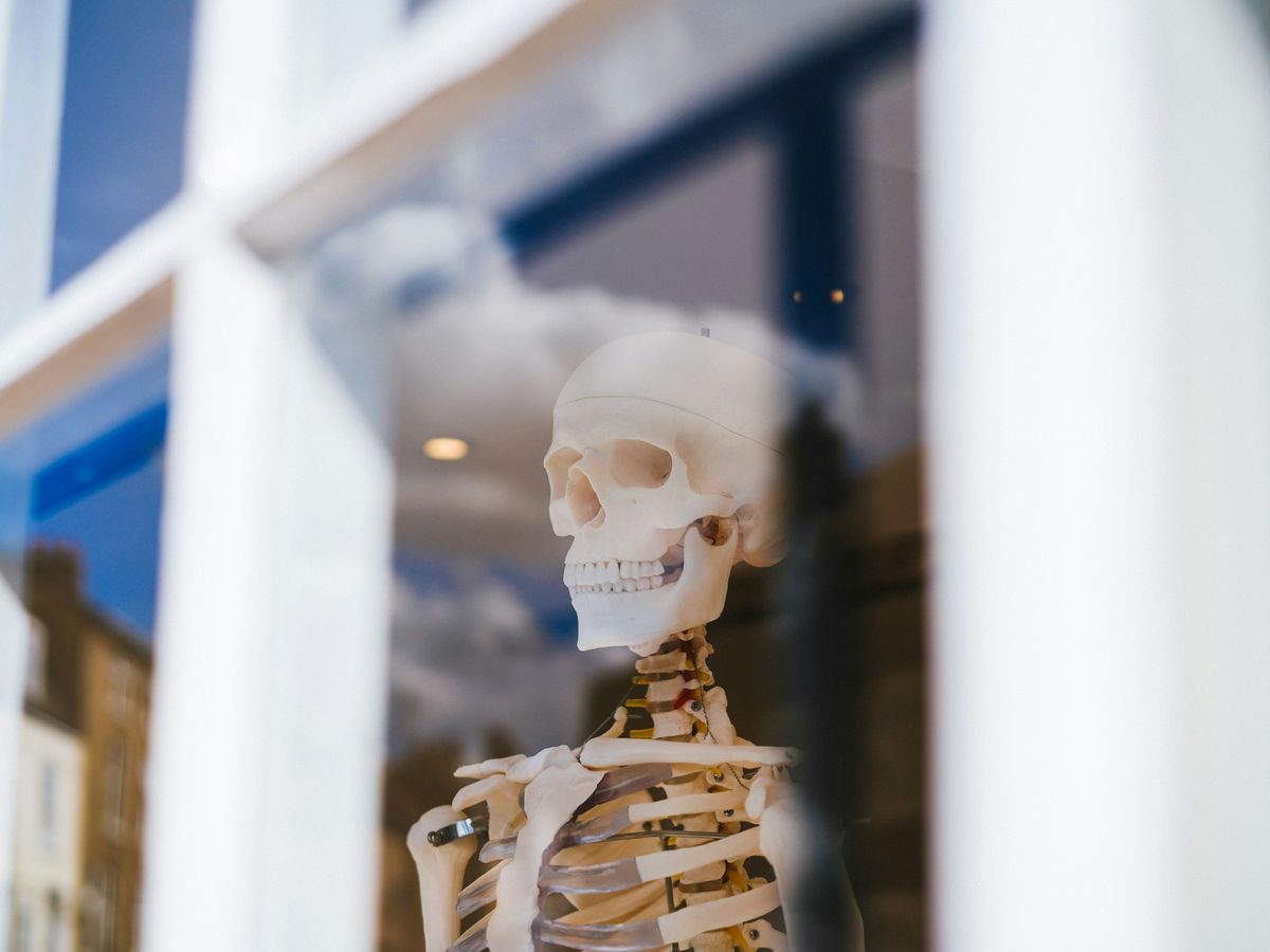 white skeleton figurine in tilt shift lens